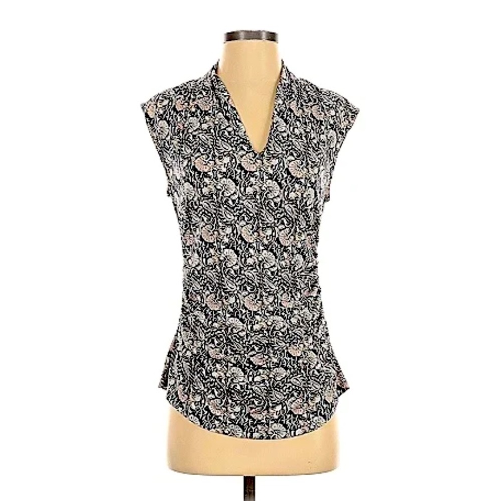 Ann Taylor Loft short sleeve V-neck floral print shirt with rauched detail